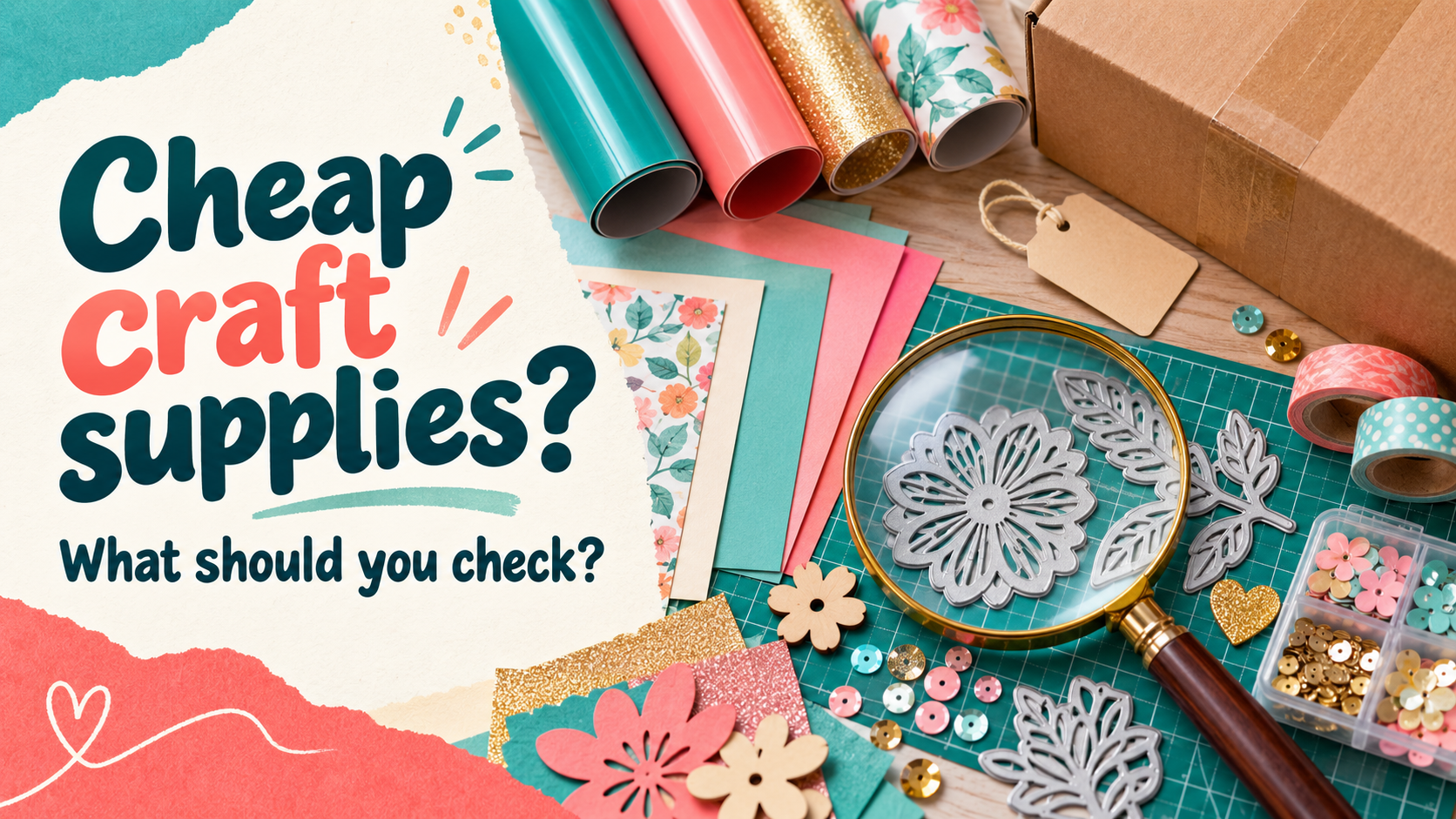 Craft paper, vinyl and cutting dies on a worktable, with a magnifying glass and the words ‘Cheap craft supplies? What should you check?’