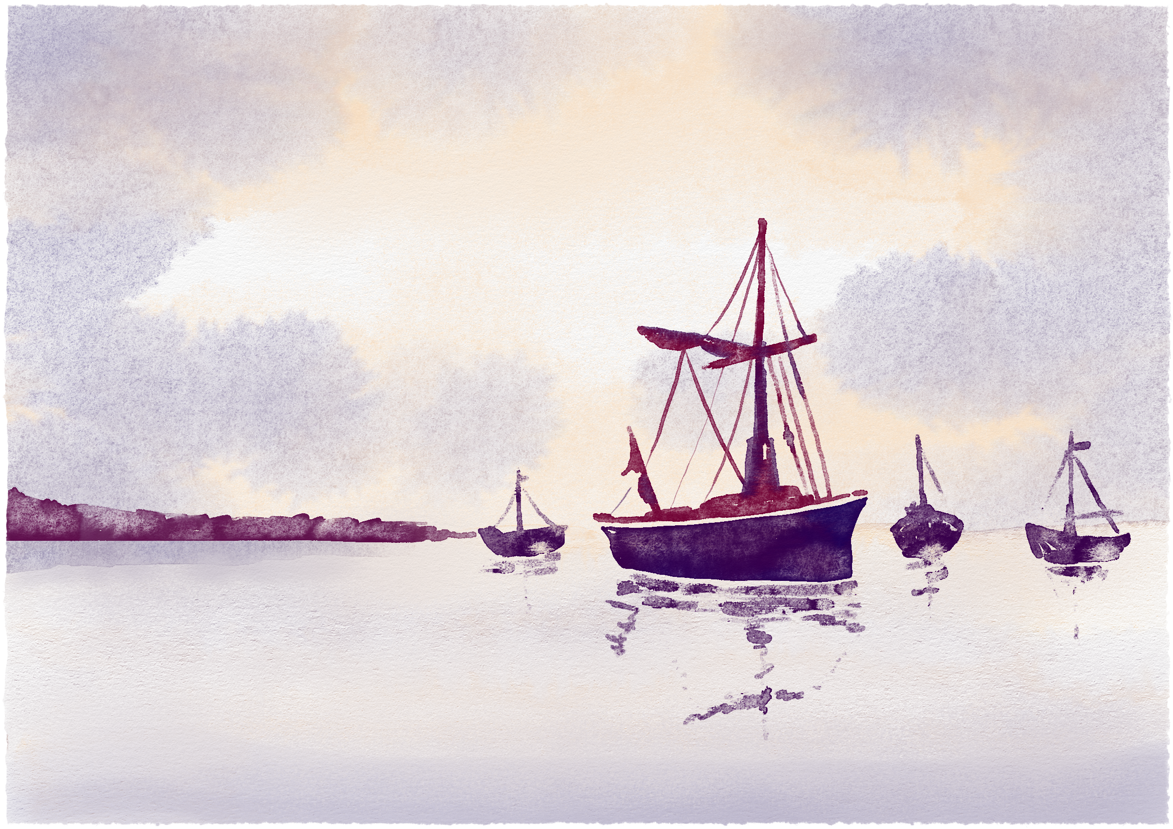 Digital watercolour of four boats at anchor beneath a pale peach and lavender sky, reflected in calm water