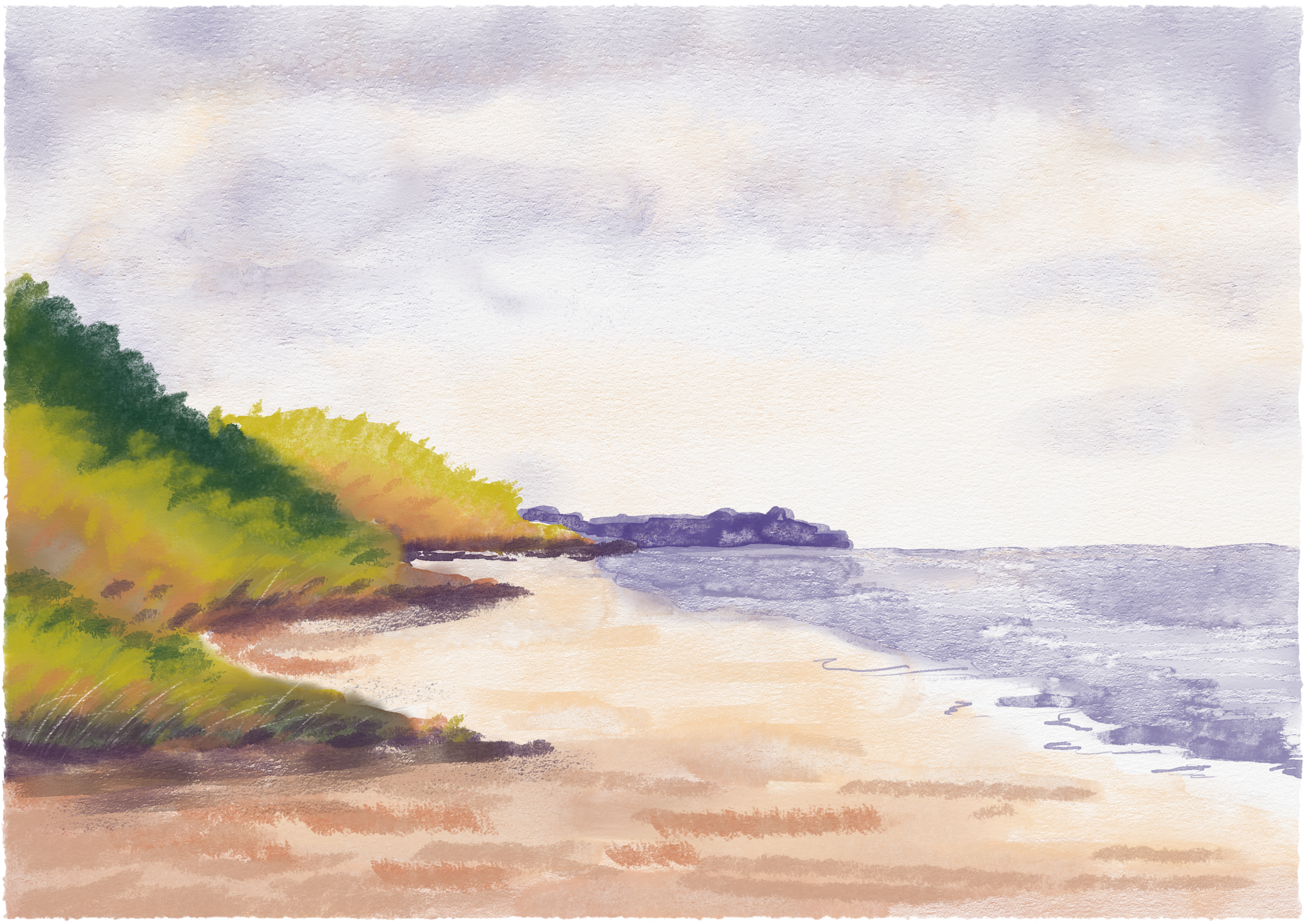 Digital watercolour of a sandy beach curving towards the sea, with green and yellow coastal vegetation under a pale sky