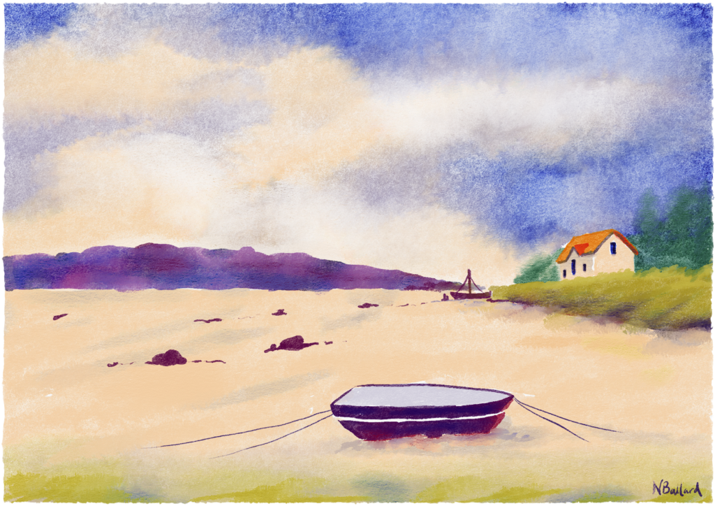 Digital watercolour coastal scene with a moored boat on sand, distant purple hills and a white cottage under a dramatic blue sky