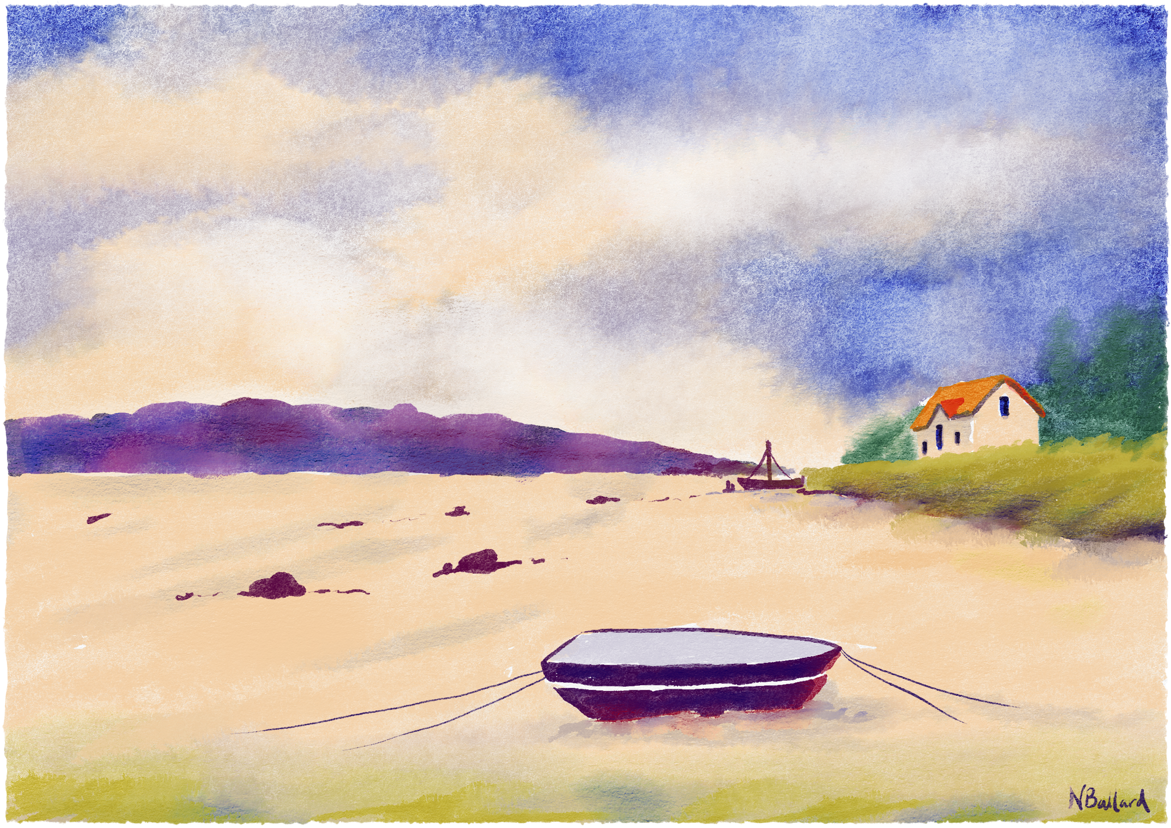 Digital watercolour coastal scene with a moored boat on sand, distant purple hills and a white cottage under a dramatic blue sky