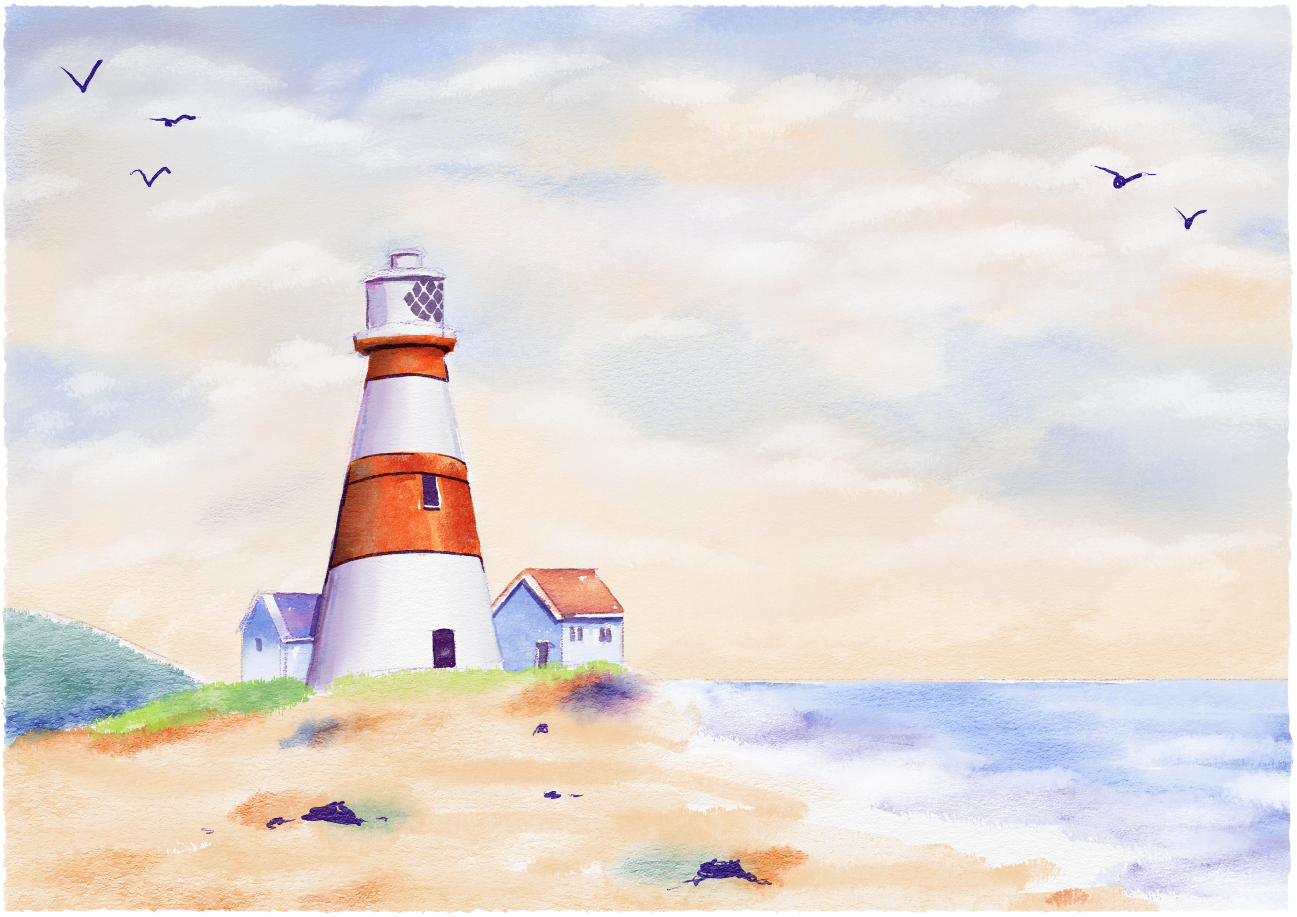 Digital watercolour of a red-and-white lighthouse and cottages beside a pale beach and blue sea, with birds in the sky