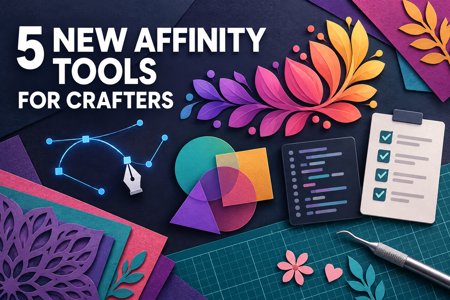 5 new Affinity Tools for Crafters featured image showing vectors, cut card, and to do lists.