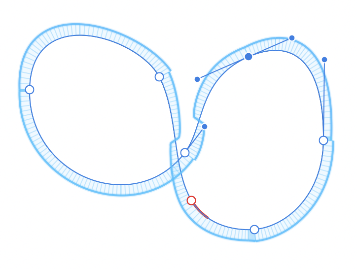 Two curves in Affinity with blue Curve Energy bands showing smooth sections and abrupt steps, alongside visible nodes and handles.
