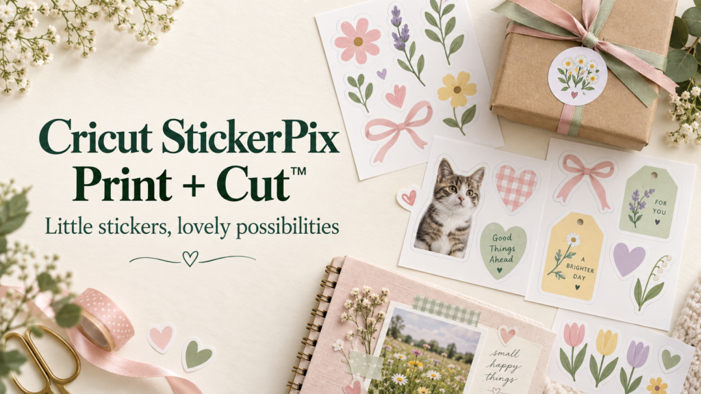 Pastel floral and cat sticker sheets beside a ribbon-wrapped gift and scrapbook, with the Cricut StickerPix Print + Cut article title.