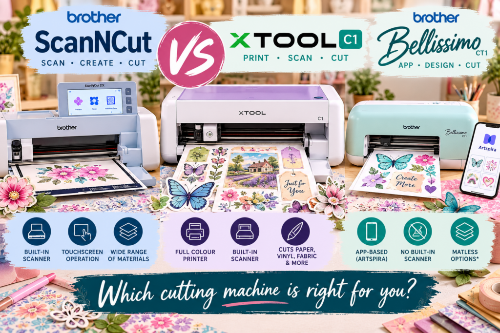 AI image comparing the new xTool C1 with the Brother ScanNCut and Bellissimo