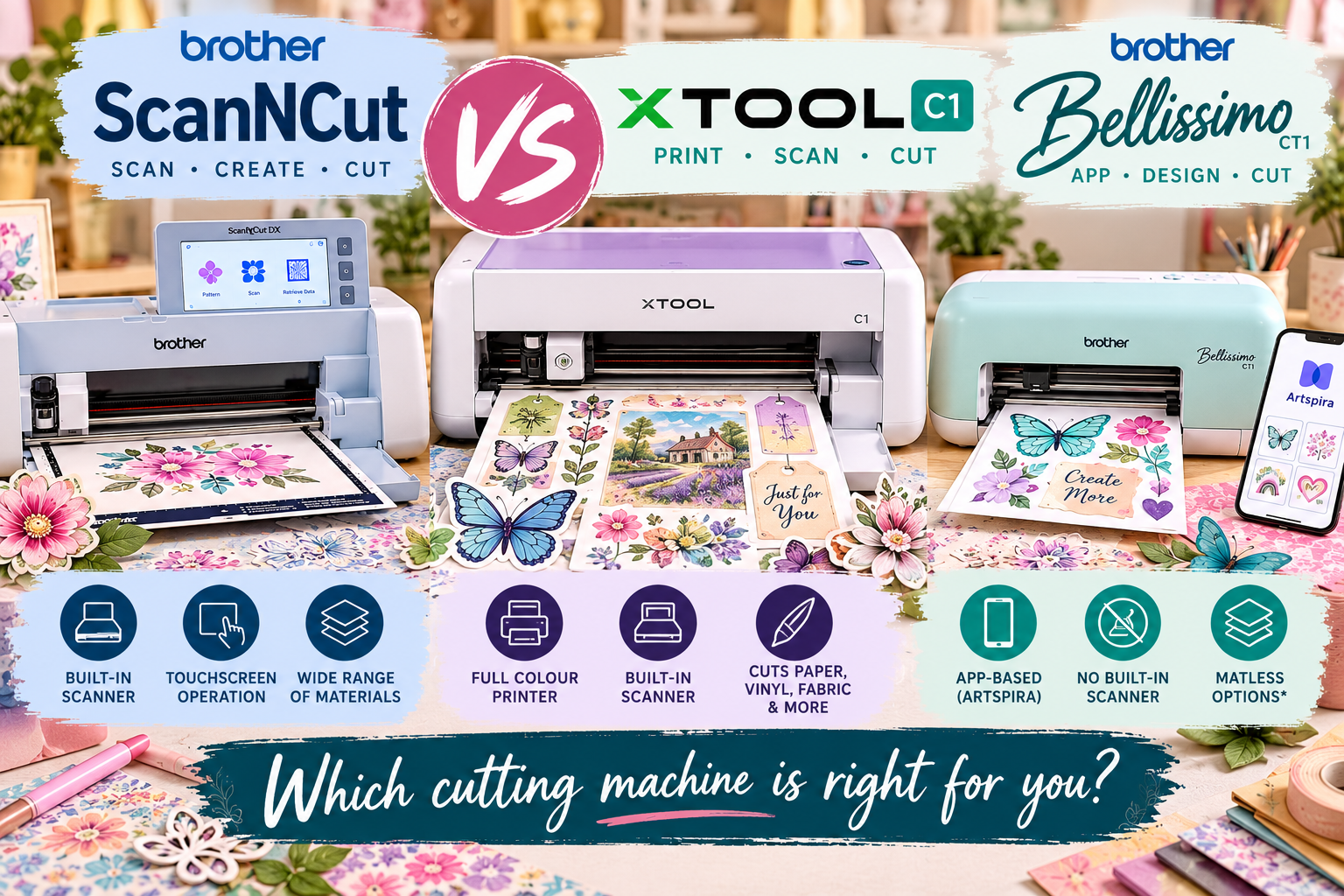 AI image comparing the new xTool C1 with the Brother ScanNCut and Bellissimo