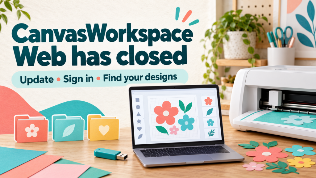 Laptop showing flower designs beside a craft cutting machine, USB drive and folders, with the headline ‘CanvasWorkspace Web has closed’.